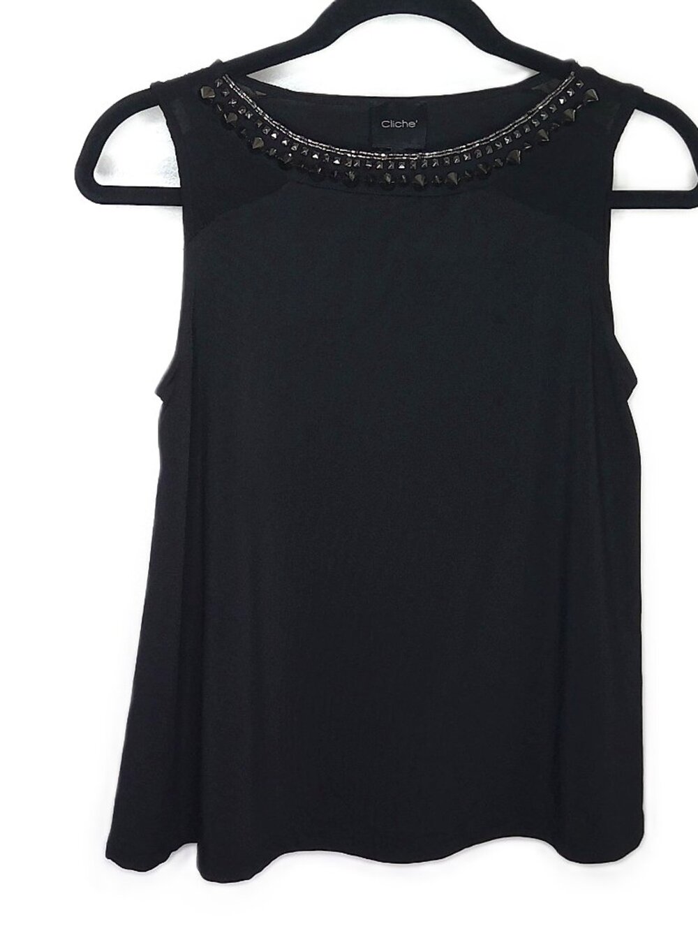 Cliche Black Sleeveless Top Spike Studded & Beaded Neckline Stretch Punk Goth S